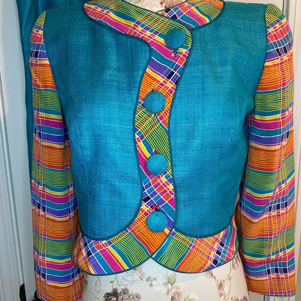 Striking Turquoise Blazer with Colorful Geometric Sleeves and SKIRT